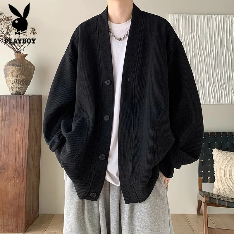 花花公子纯黑色日系慵懒风外套男春季新款V领针织衫轻奢痞帅男装