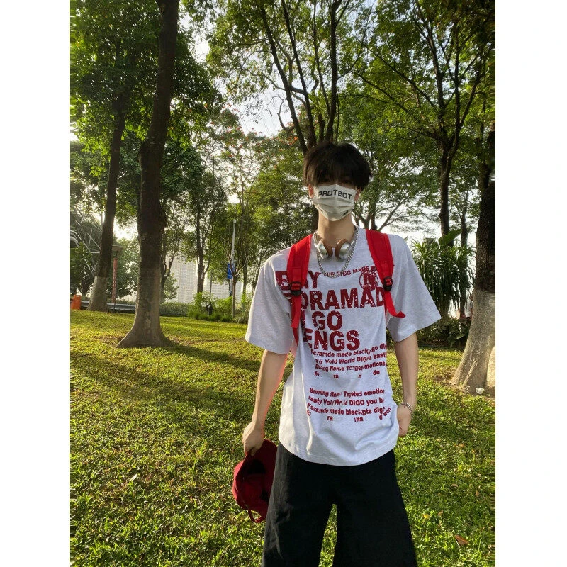 美式复古字母印花T恤男夏季高级感痞帅短袖少年感小领口情侣半袖