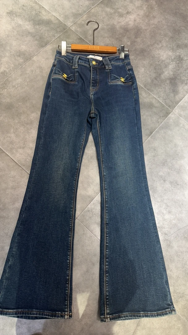 修身款soeur kell小香风高腰显瘦金属装饰微喇牛仔裤女修身显腿长