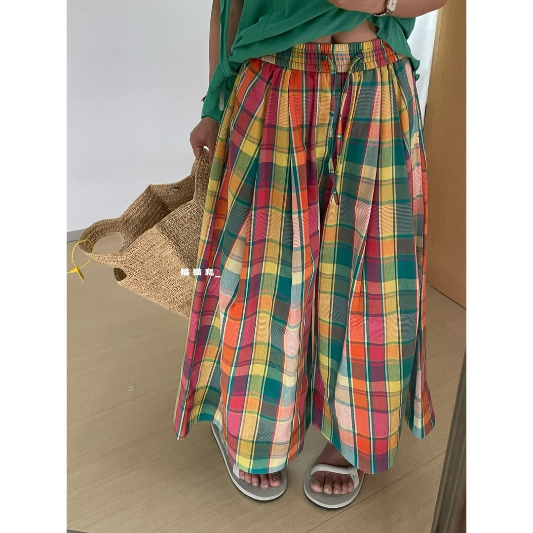猫姐推荐｜宽松度假风松紧腰抽绳格子撞色棉麻九分阔腿裤休闲裤女