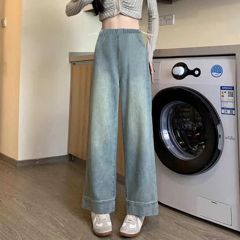 孕妇牛仔裤抽绳长裤春冬季外穿直筒裤阔腿裤休闲复古通勤九分裤