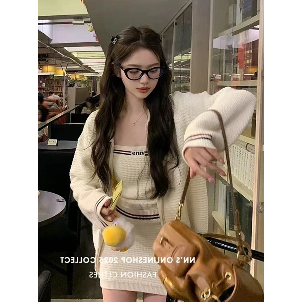 La Chapelle/拉夏贝尔优质小香风针织开衫女秋季辣妹吊带半裙套装