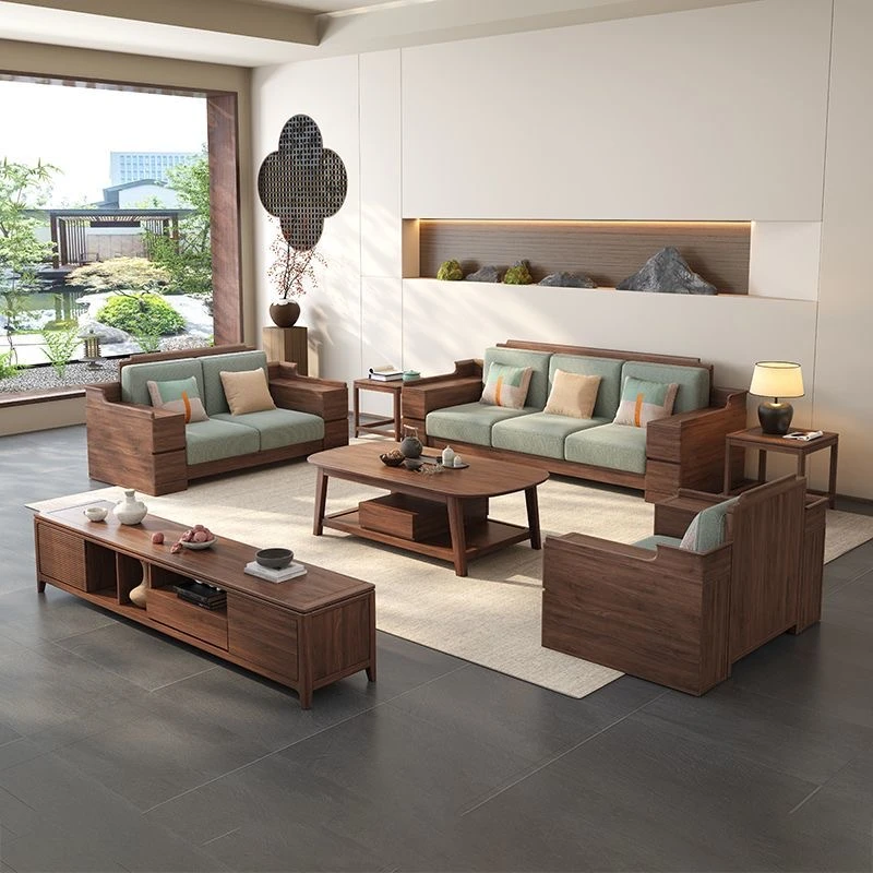 北美黑胡桃木实木沙发组合客厅现代简约转角木质布艺沙发轻奢家具