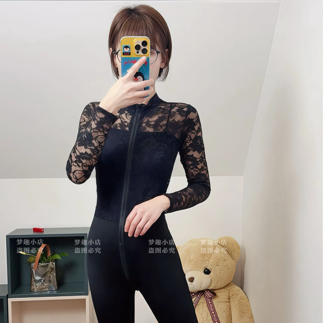 性感紧身小众连体衣弹力拉链连身蕾丝上身辣妹风纯欲感瑜伽修身女