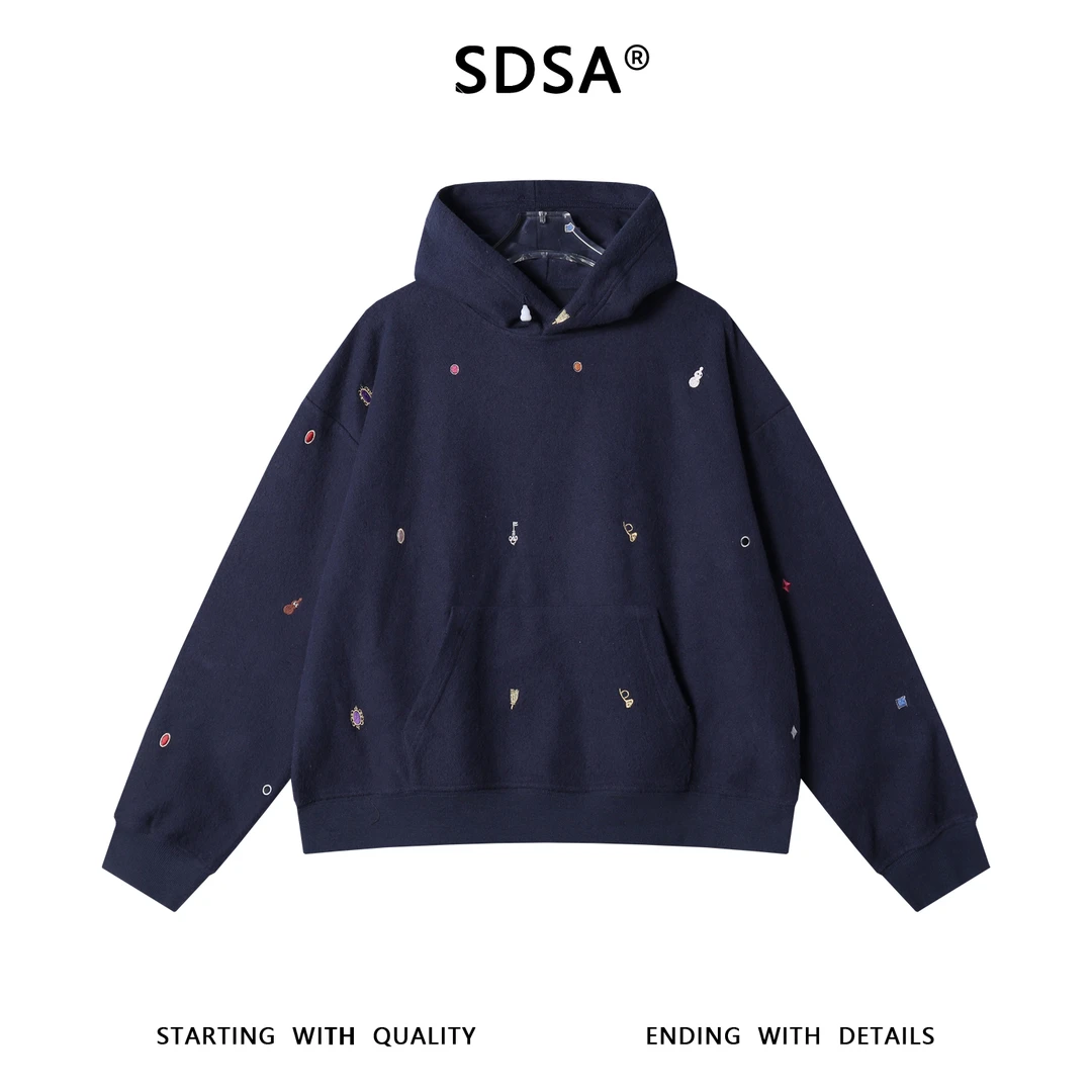 SDSA男士秋冬新款痞帅男装潮牌趣味卡通刺绣标连帽卫衣宽松百搭