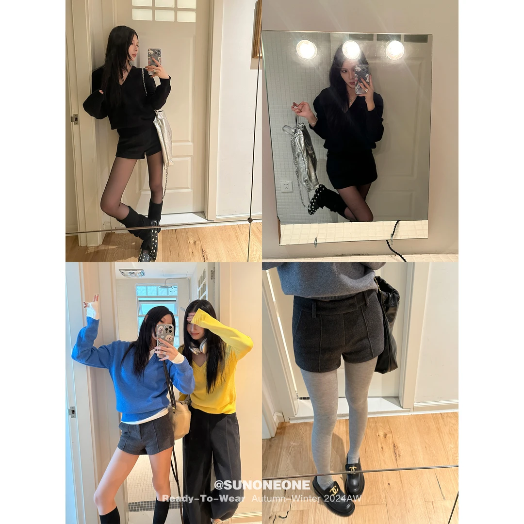 SUNONEONE 休闲呢料短裤女春季外穿直筒修身气质休闲裤H0671K