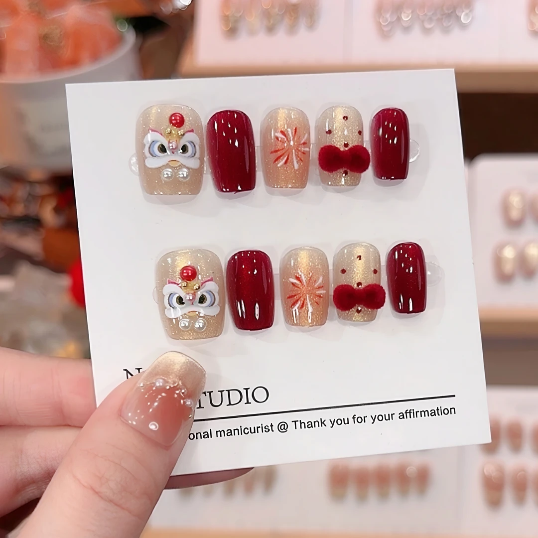 现货发『醒狮』纯手工穿戴美甲贴片短中长显白高级感10片装