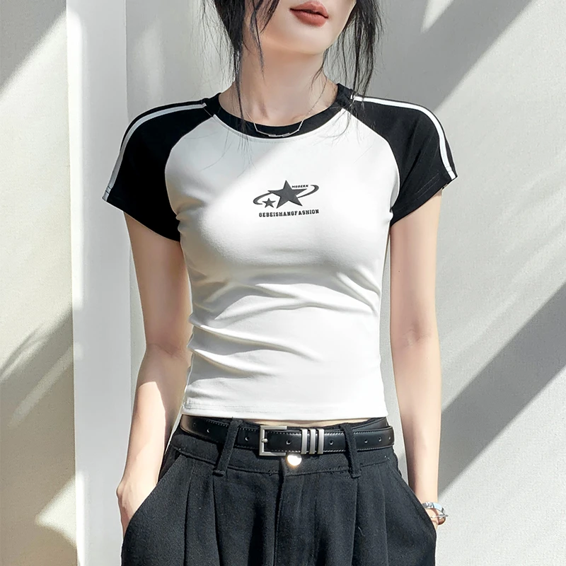 拼色设计感圆领插肩短袖T恤女2025春季新款修身印花别致内搭上衣