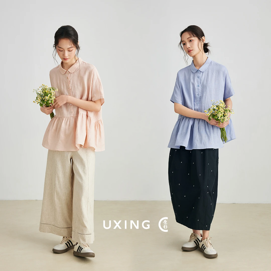 原形薄款亚麻衬衫2025夏季新款休闲宽松减龄娃娃领短袖衬衣91350