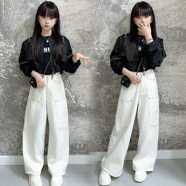 女童牛仔裤春秋2025新款儿童弯刀裤子潮流阔腿宽松香蕉长裤哈伦裤