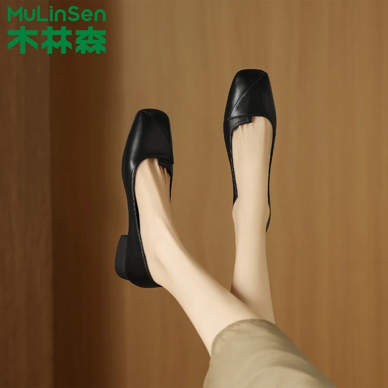 木林森女鞋2025秋季新款软底妈妈单鞋女士舒适浅口职业通勤小皮鞋
