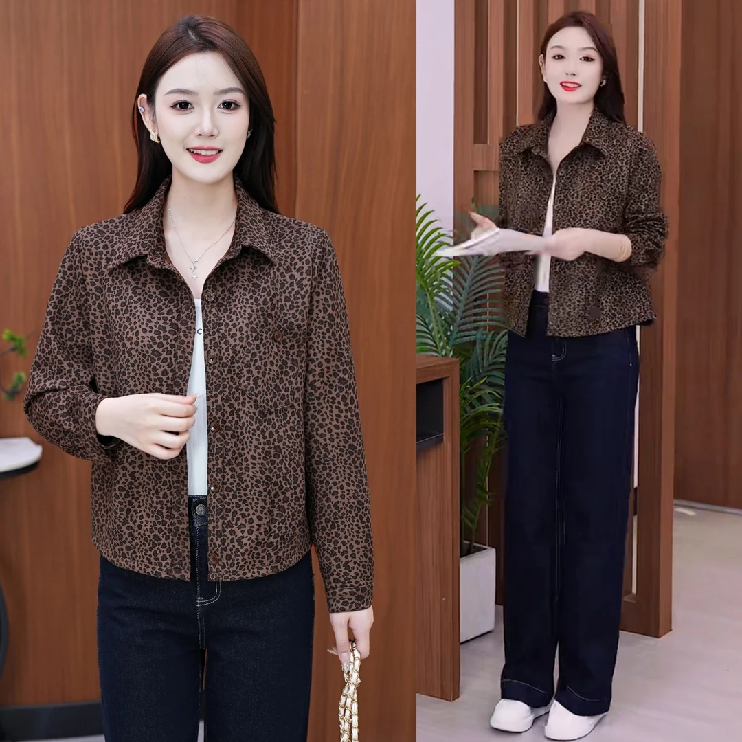 纯色豹纹薄款衬衫短外套女2025韩版秋季长袖显瘦遮肚子小个子上衣