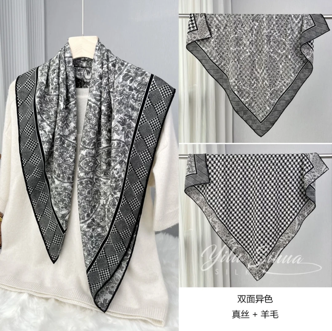85尺寸 桑蚕丝羊毛方巾围巾 双面丝毛手工卷边 黑白千鸟格腰果花
