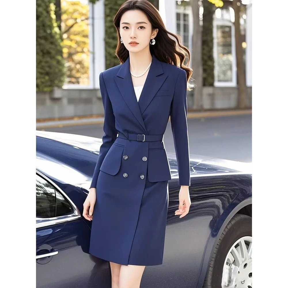 25新款女装轻熟风穿搭高级感气质名媛收腰长袖西装连衣裙法式通勤