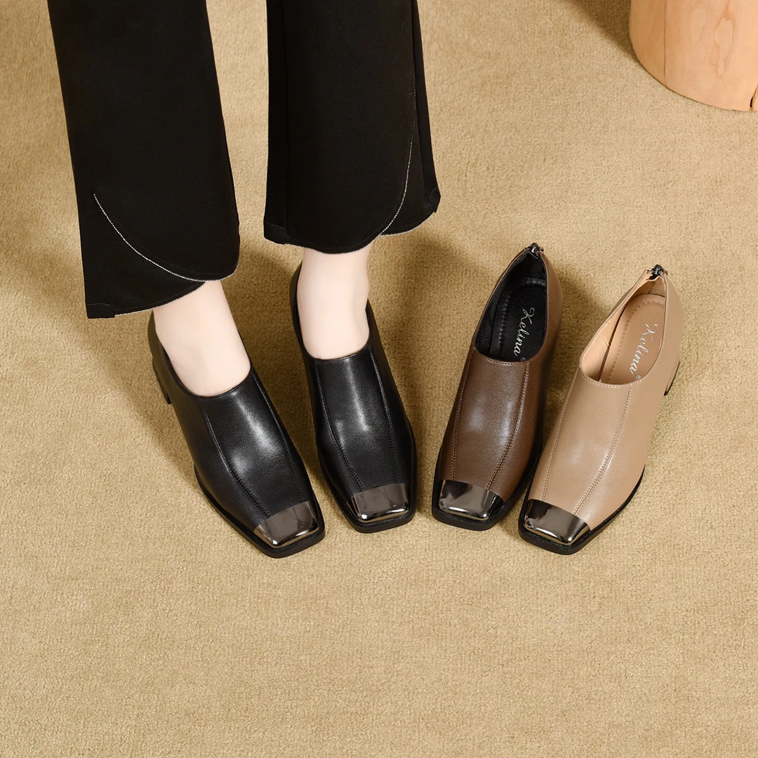 深口粗跟方头单鞋女2025皮鞋时尚法式单鞋中跟英伦风时尚休闲女鞋