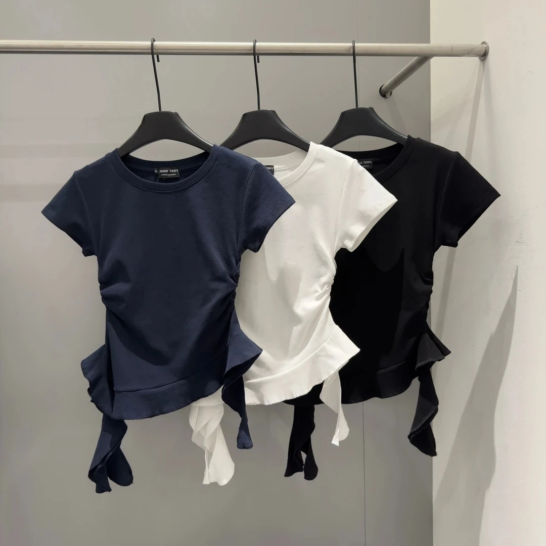 美式复古褶皱短袖t恤女夏季新款收腰显瘦设计感荷叶边下摆上衣ins