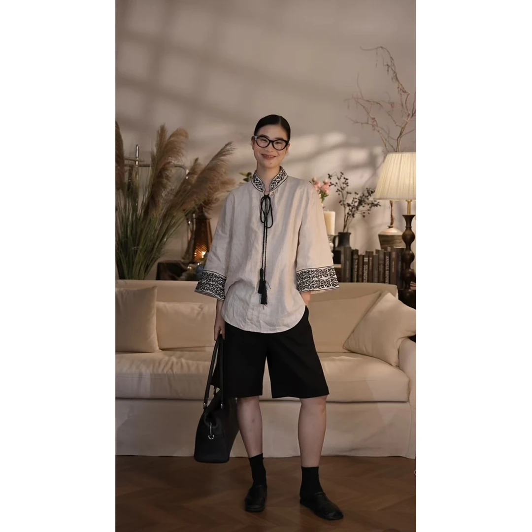 【YILI显瘦女装】100%亚麻新中式提花刺绣流苏绑带衬衫 Y1187