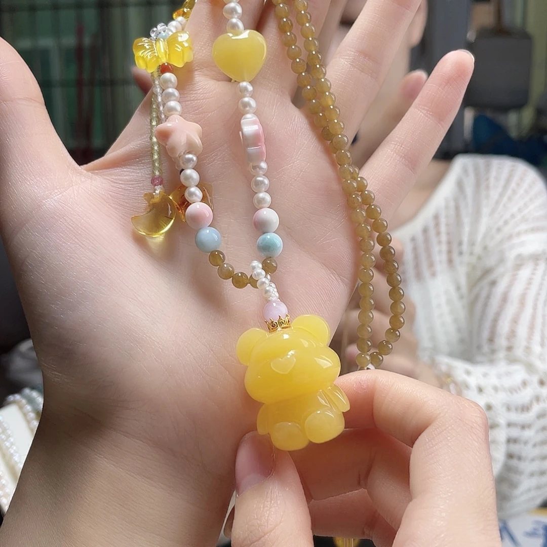 蜜蜡银S925镶嵌裸石小熊吊坠