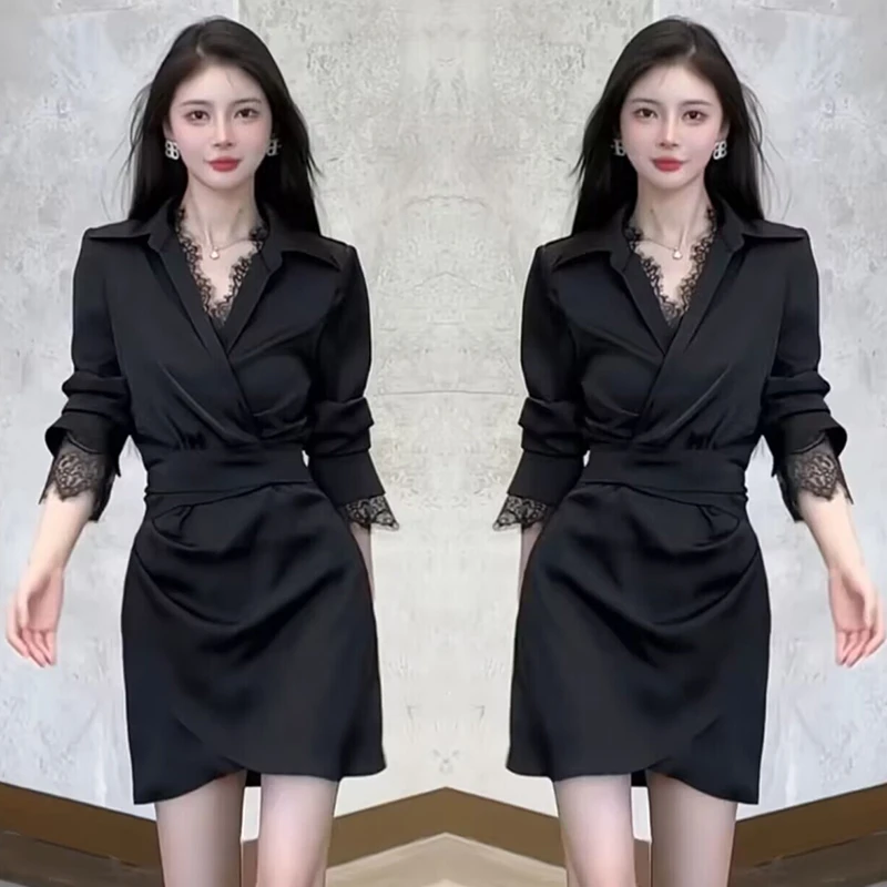 【沐紫】高级感气质女神范连衣裙2025新款中长款蕾丝袖裙子D0280