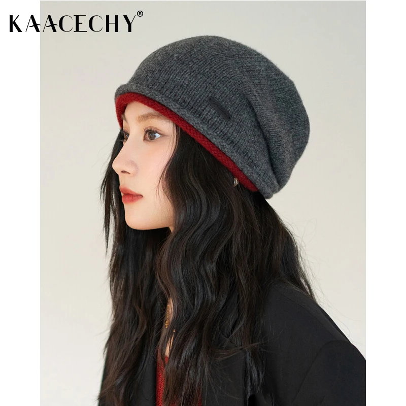 韩版针织堆堆包头帽子女2025新款爆款洋气撞色防风保暖羊毛冷帽