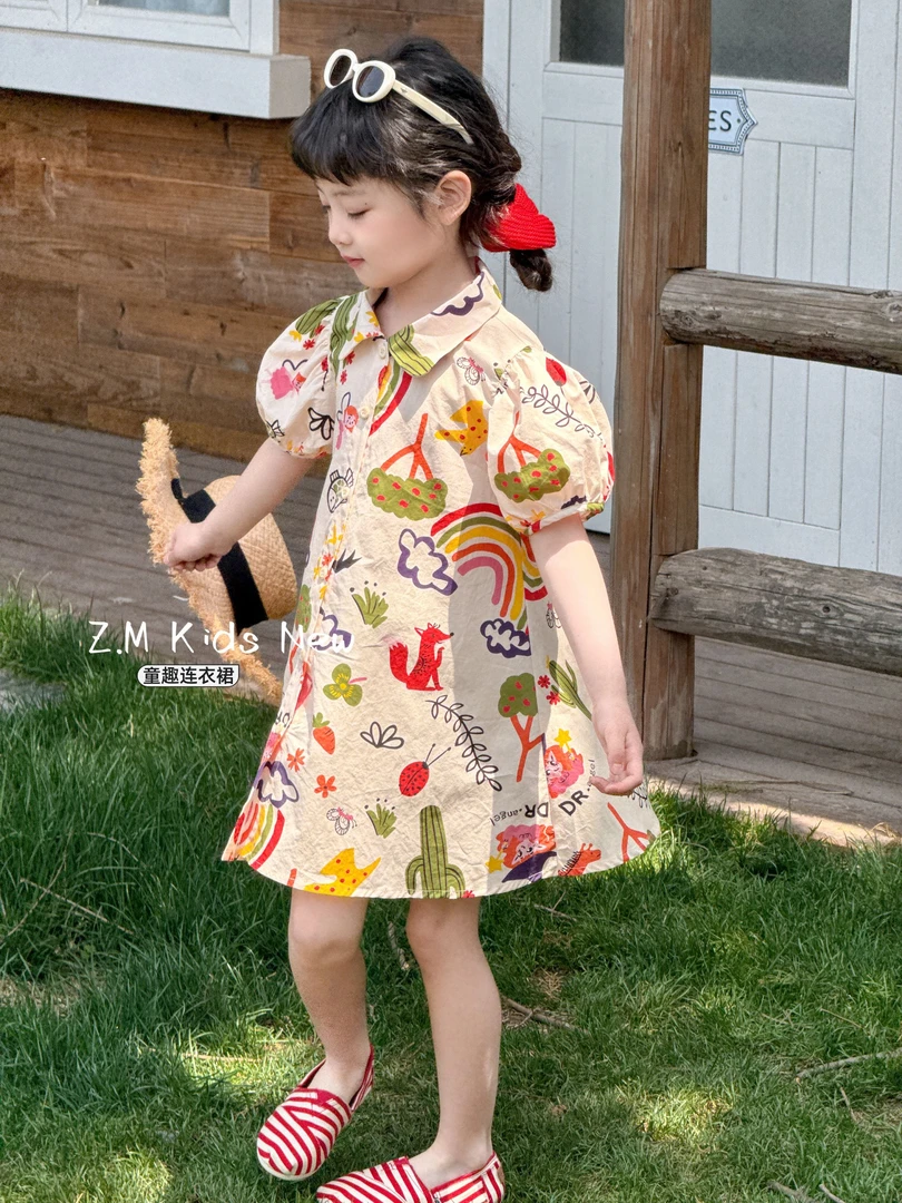 【童趣】2025夏季韩版洋气百搭涂鸦衬衫棉布裙女童连衣裙B-58381
