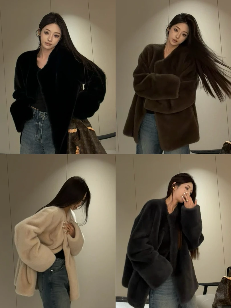 【夹子专属】实穿主义慵懒感时尚老钱风短款仿皮毛一体厚毛毛外套