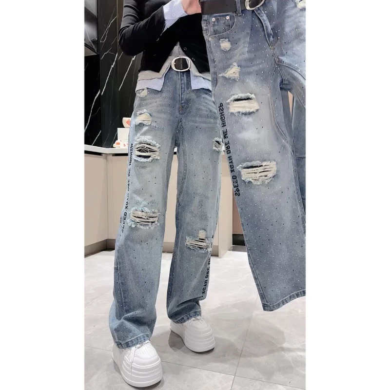 Aimeerosa/艾洛莎牛仔裤百搭显瘦长裤春季潮流印花破洞宽松直筒裤