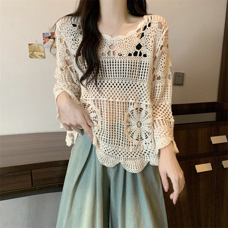 百搭波西米亚风休闲宽松显瘦镂空性感针织衫夏季圆领蝴蝶袖