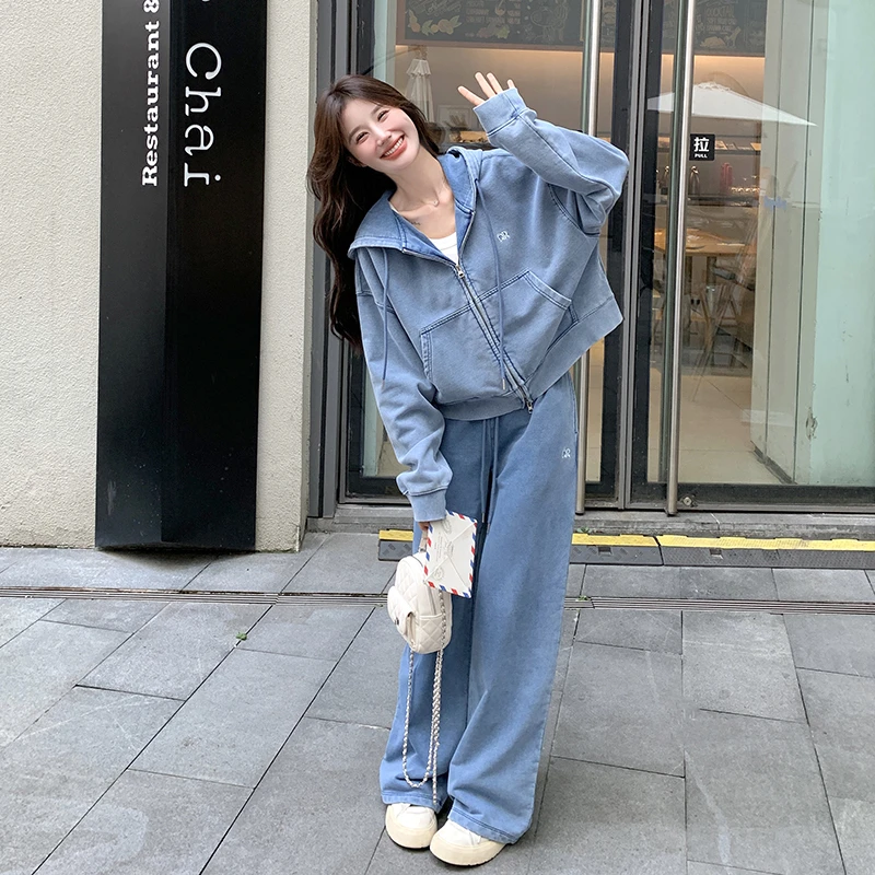 蓝色洋气显瘦炸街高腰小个子两件套女2025春季新款减龄一整套穿搭