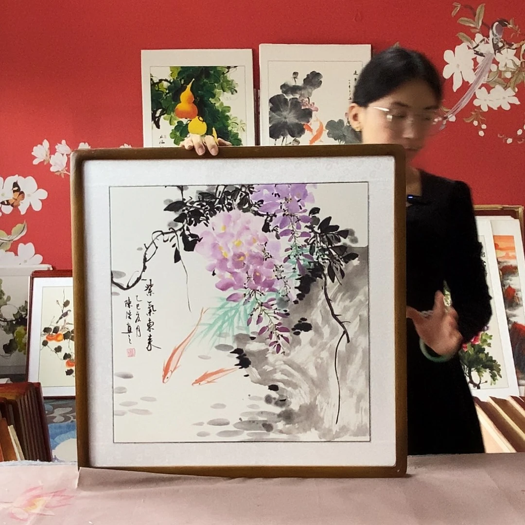 国画手写手绘国画作品带框包邮62✖️62