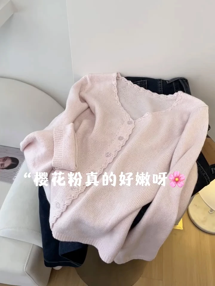 甜美减龄韩系氛围感V领针织衫女秋冬新款洋气独特别致设计感上衣