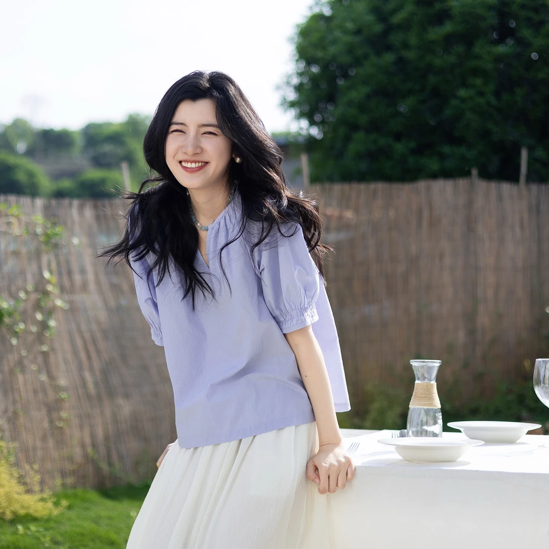 绽放旅行女装356朵/汉麻棉凉爽V领褶皱短袖小衫清凉透气衬衫女