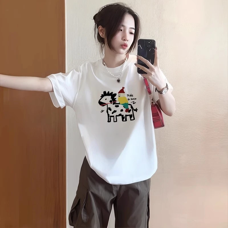 纯棉美式复古卡通趣味印花短袖白色t恤女夏季宽松设计感小众上衣