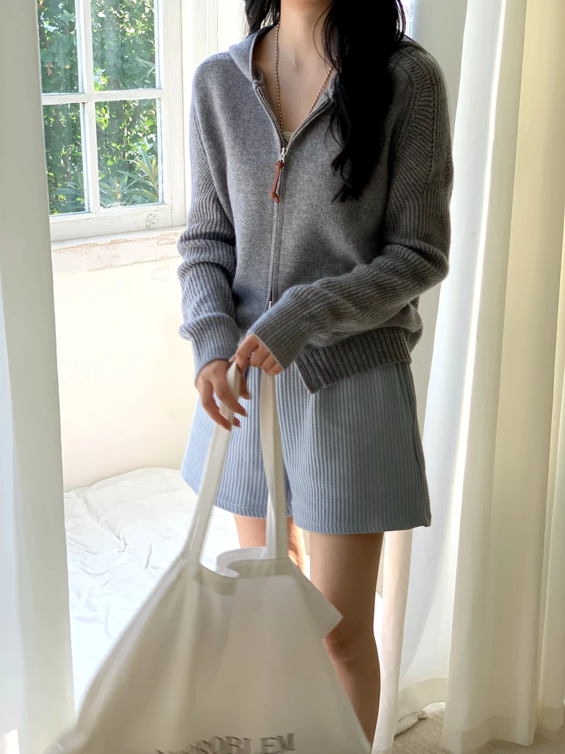 韩系慵懒风连帽拉链针织开衫