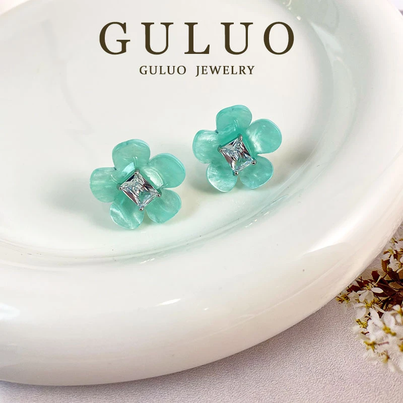 合金耳饰 青色花朵两戴款春夏彩色耳钉