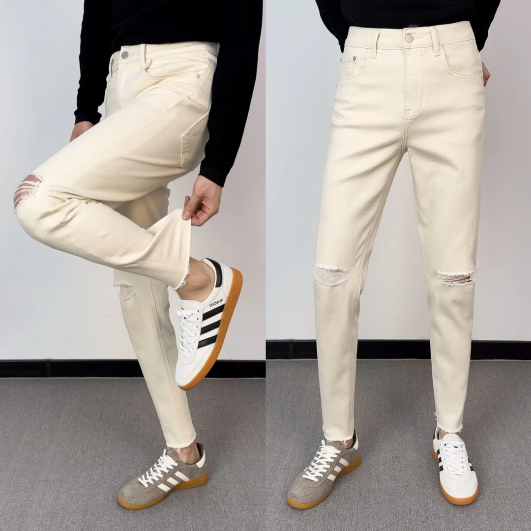 西蒙曹-男士休闲时尚修身韩版显瘦微弹水洗一刀切破洞牛仔裤