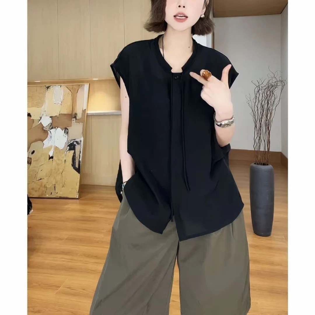 夏季新款韩系简约圆领百搭设计感大码宽松显瘦无袖衬衫气质上衣