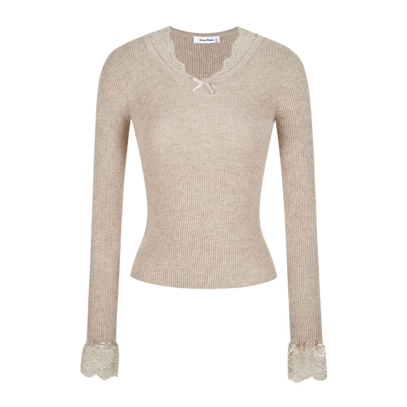 Moses Queen/魔西女王纯欲辣妹蕾丝V领长袖上衣性感内搭针织衫