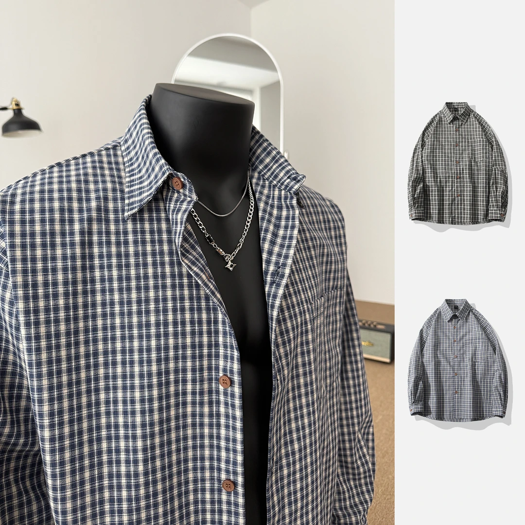 美式cleanfit复古蓝色格子衬衫外套慵懒风衬衫痞帅休闲情侣款衬衣