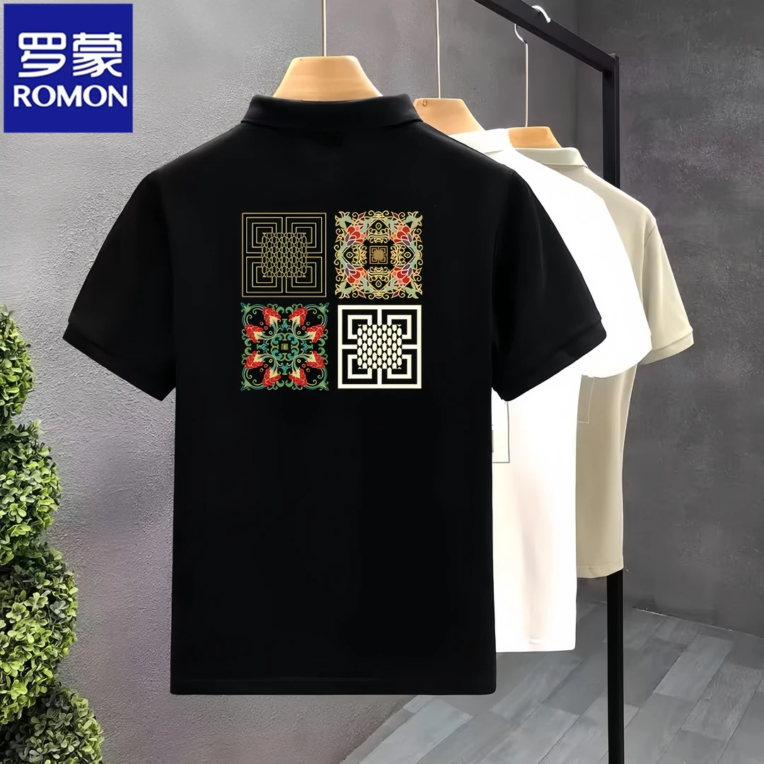 Romon/罗蒙夏季新款男士polo衫时尚帅气半袖潮流青年个性印花t恤