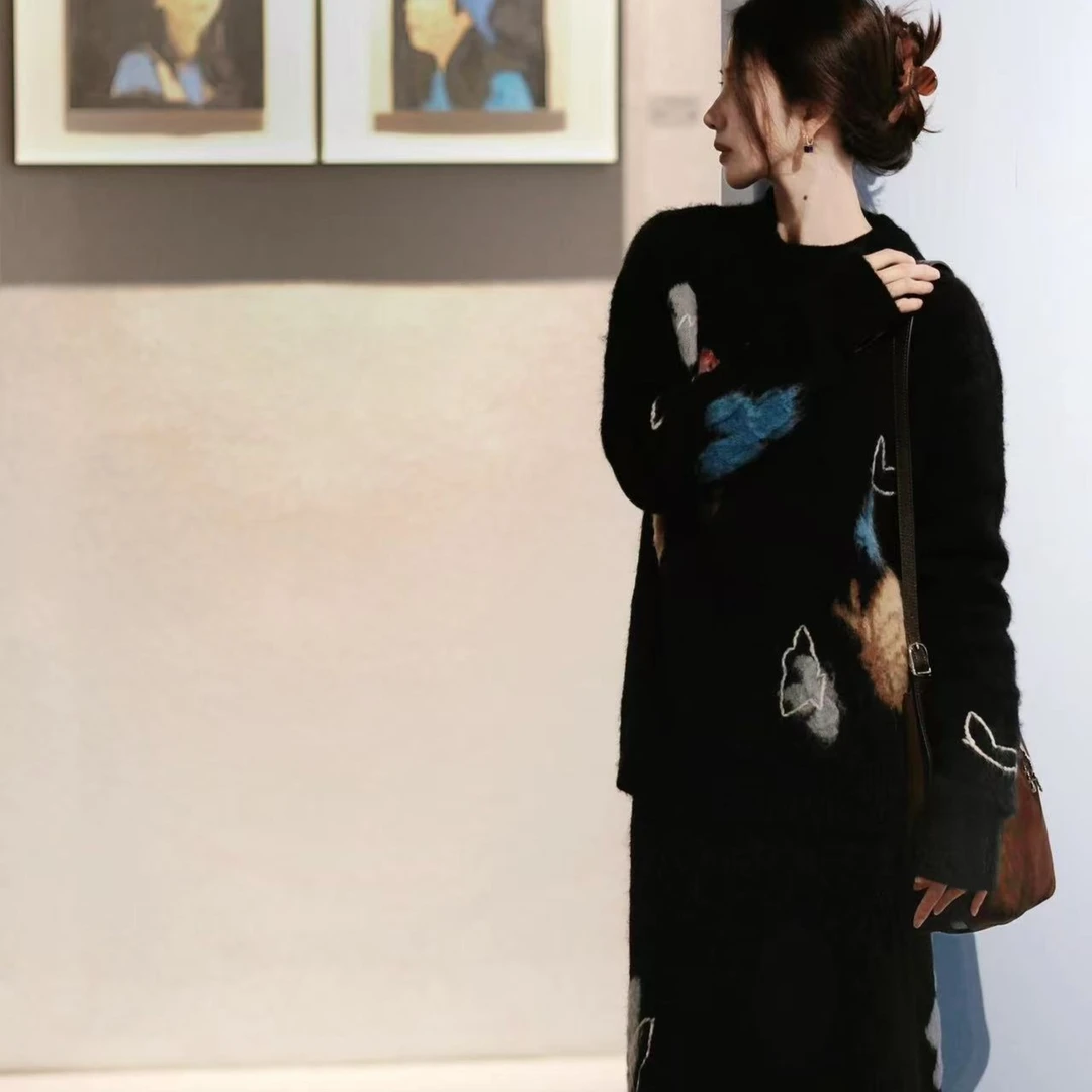 70433美式复古毛衣女秋冬蝴蝶提花针织开衫宽松慵懒风软糯上衣