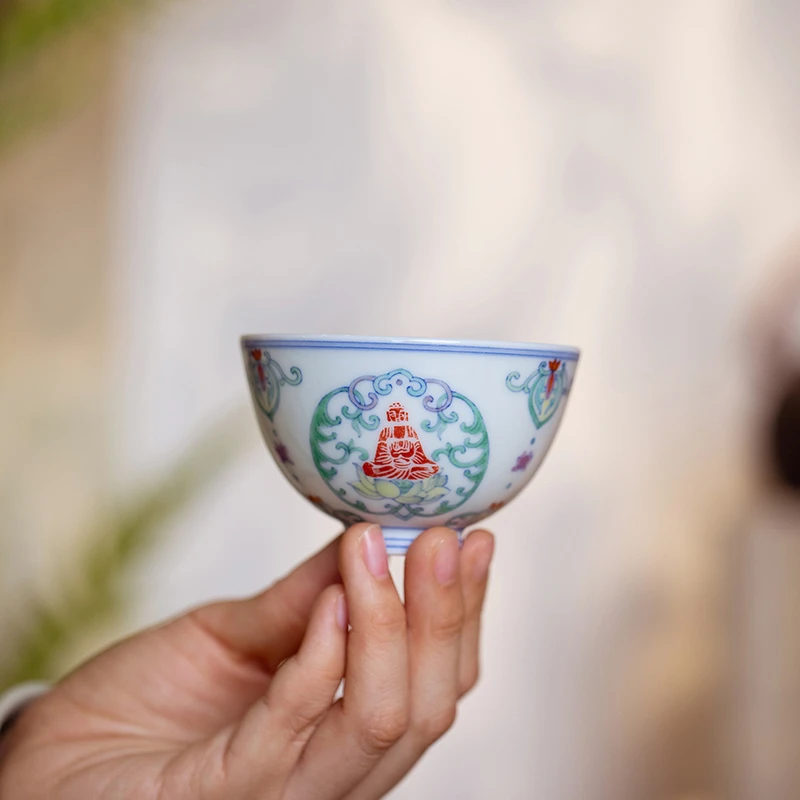 【詺兮清窑】斗彩团佛小鸡心杯MX5012