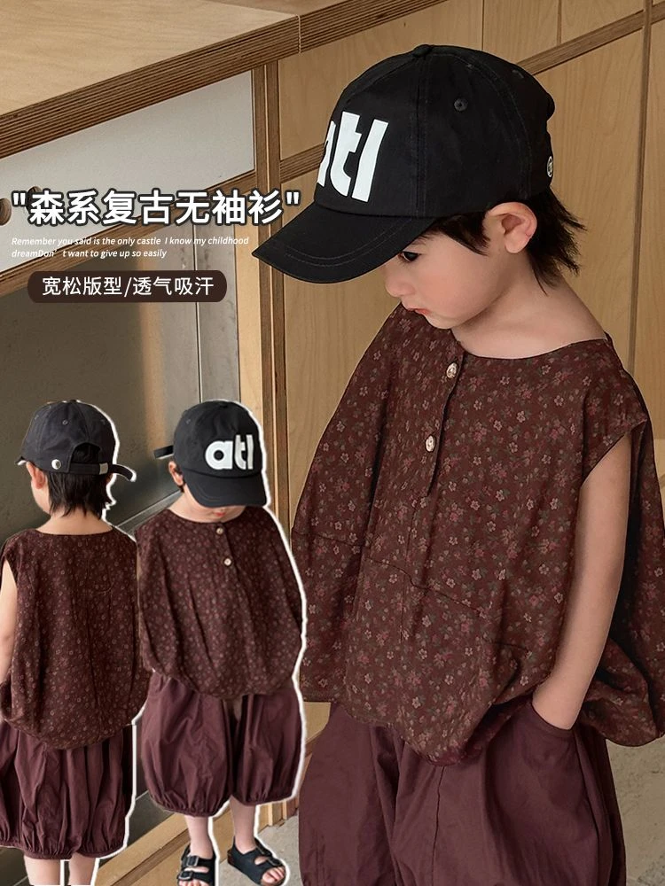 《夏上新》男童女童圆领无袖衬衫25XL1005儿童碎花透气背心