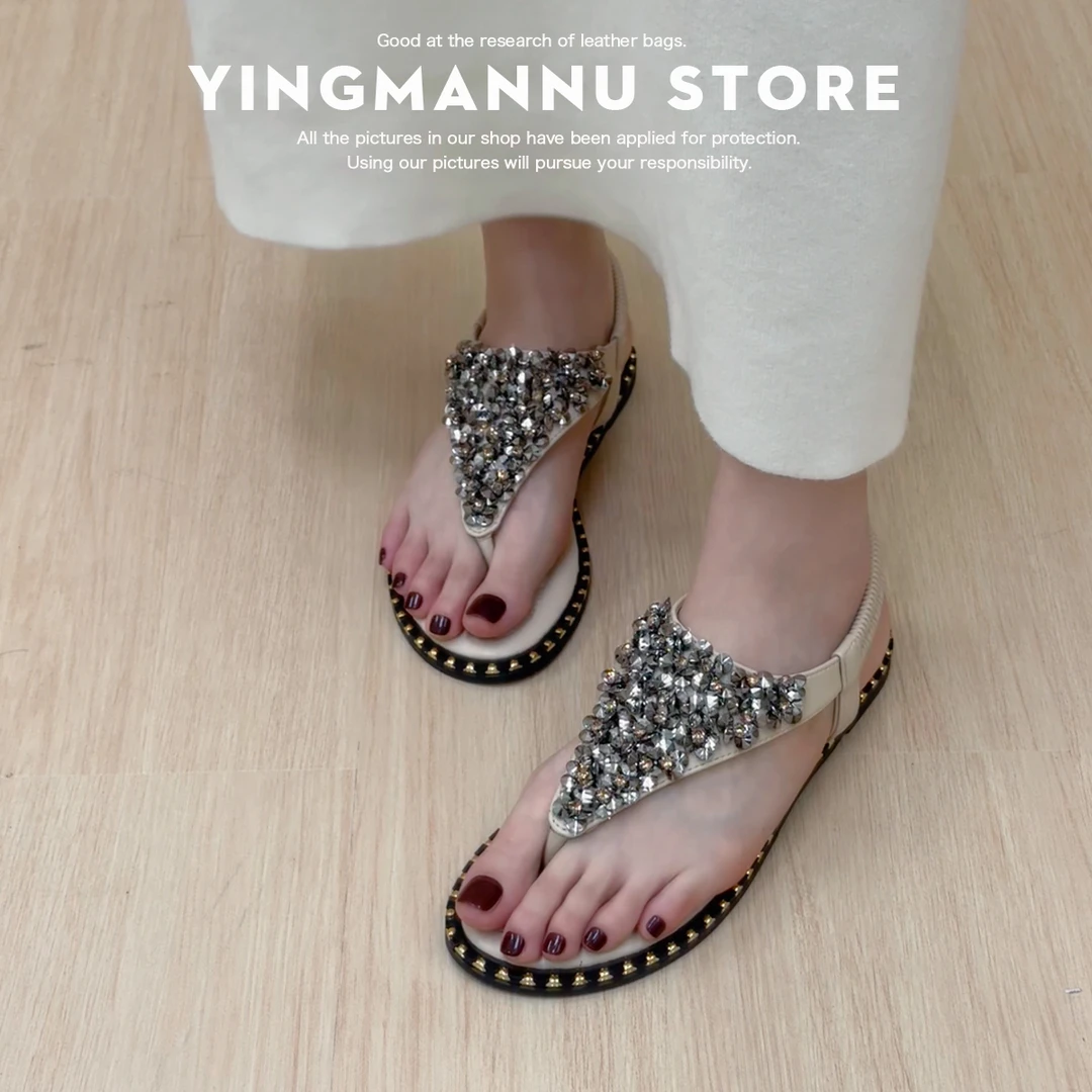 法式优雅平底外穿夹趾凉鞋女2025夏新款水钻沙滩鞋软底人字凉拖鞋