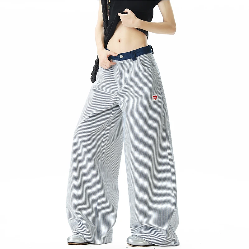 原创爱心刺绣竖条纹休闲裤男女夏小众拼接直筒阔腿裤宽松情侣长裤