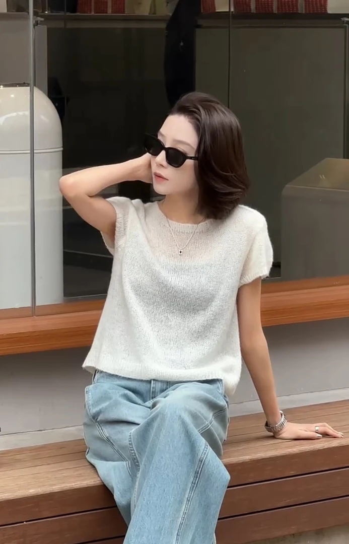 2025夏季新款T恤别致百搭显瘦短袖T恤女短款上衣针织气质