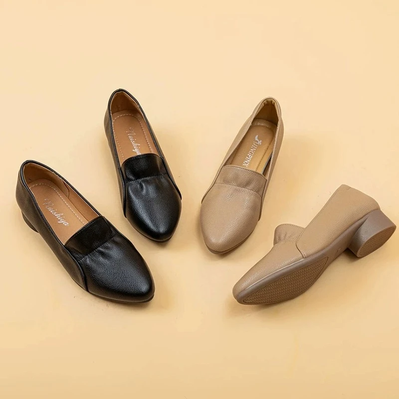 真皮尖头单鞋女2025春季新款浅口女鞋粗跟软皮软底一脚蹬小皮鞋
