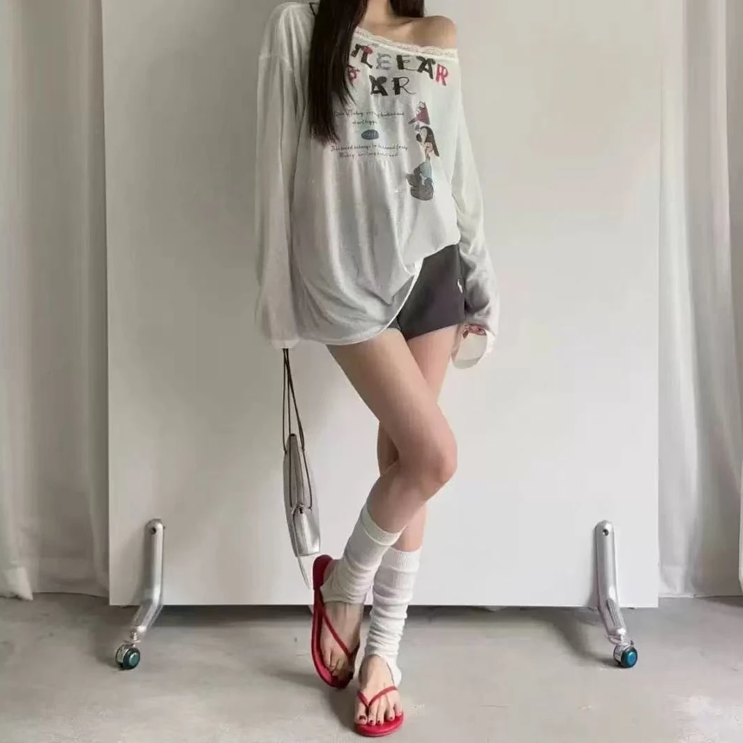 Manmi   蕾丝拼接卡通印花斜肩一字肩防晒T  5003（C3）