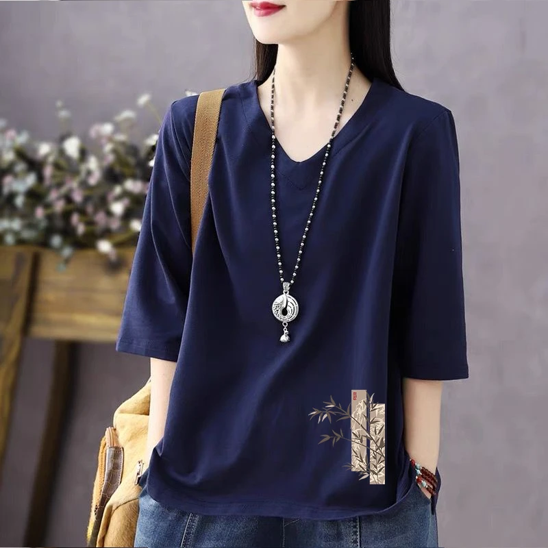 纯棉大码中袖七分袖v领T恤女春夏体恤民族风外穿简约遮肉打底衫