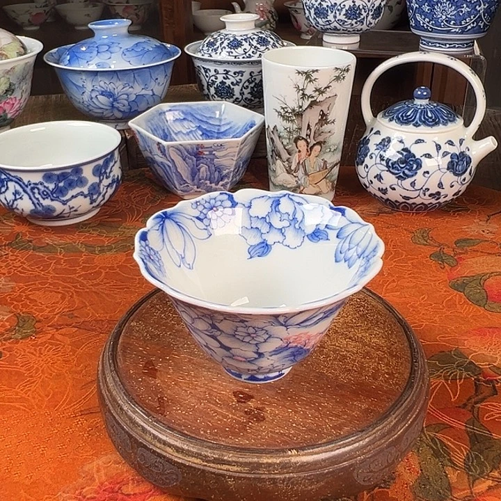 陶杯子青樵轩万花开窗桃花源花口杯